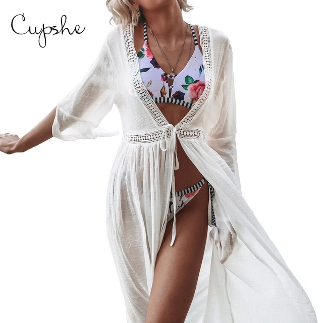 CUPSHE Sexy Ladies Women Solid White Bikini Cover up Open Back Beach Dress Swimwear Beach Bathing Summer Swimsuit Tunic Kimono 3