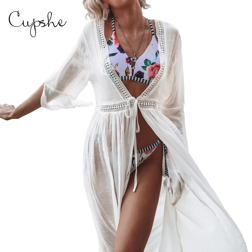 Kaufen CUPSHE Sexy Damen Frauen Solide Weiß Bikini Cover up Open Back Strand Kleid Bademode Strand Bade Sommer Badeanzug Tunika Kimono