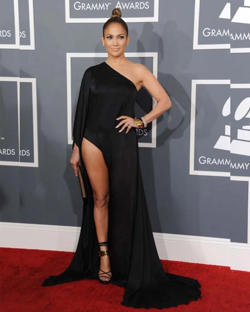 

Beyonce Red Carpet 55th Grammy Awards red carpet dresses 2016 One shoulder Long Sleeve black chiffon Evening Celebrity Dresses