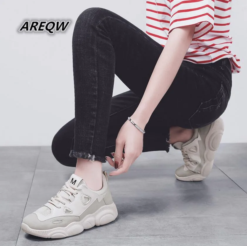 

2019 Spring and Autumn New Mesh Breathable Tide Shoes Wild Casual Shoes Thick-soled Lace-up Women's Shoes