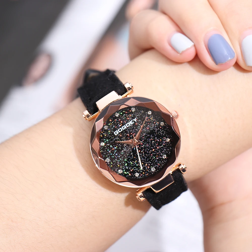 

Luxury Women Starry Sky Pattern Quartz Wrist Watch Waterproof Rhinestone Wrist Watch with PU strap for Women Birthday Gift