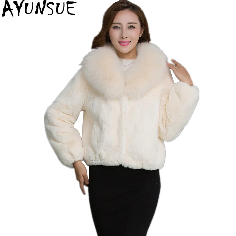 

AYUNSUE 2019 Full Pelt Real Rex Rabbit Fur Coat Natural Fur Coats With Genuine Fox Fur Collar Winter Jackets For Women WYQ832
