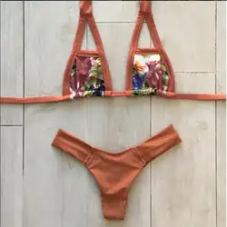 Сексуальный бразильский комплект бикини коричневый цветочный топ Купальники для малышек Для женщин купальный костюм на бретельках palm