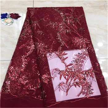 

Red high quality French Nigerian sequins net lace,African tulle mesh sequence lace fabric for party dress 5yards/lot