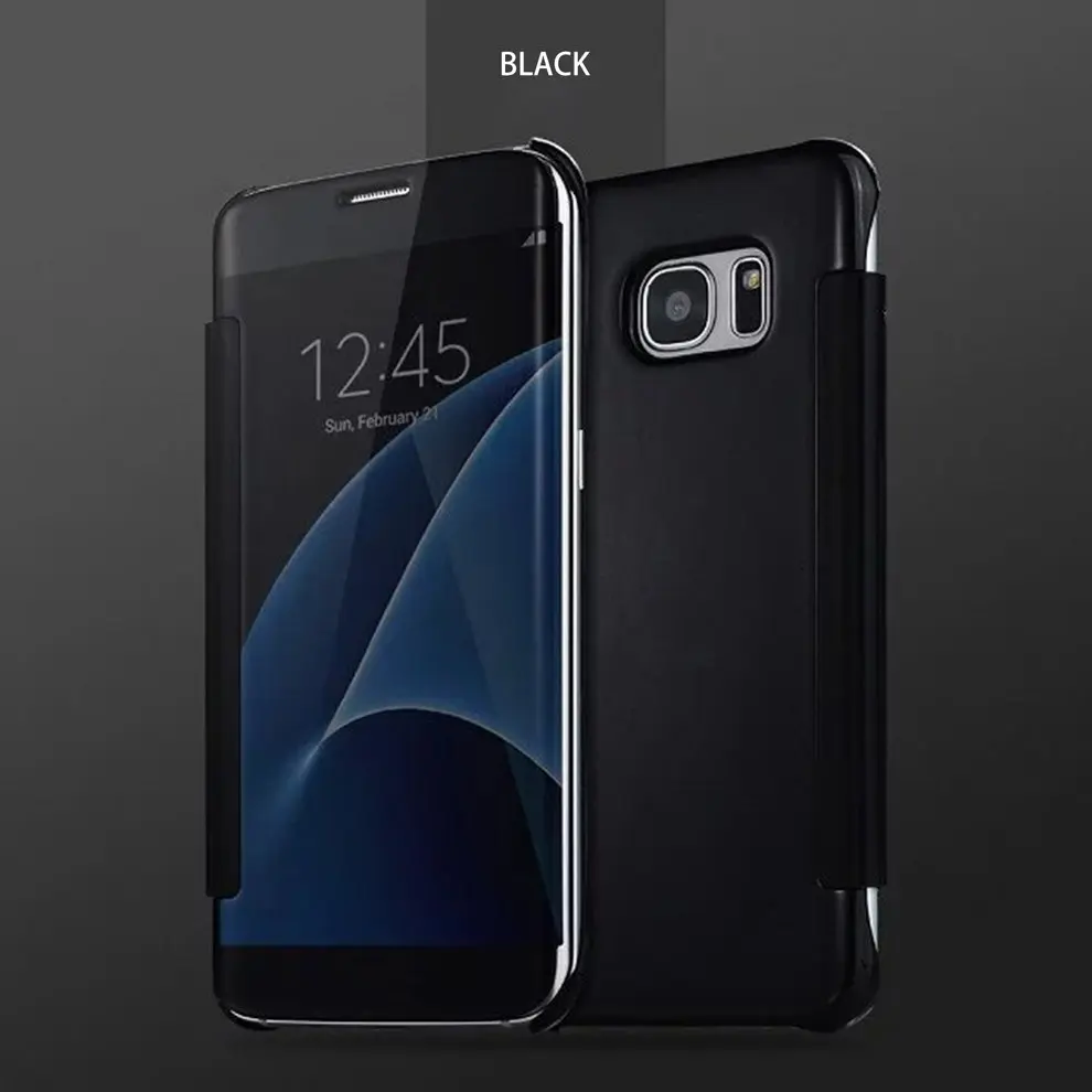 

2 Pcs Smart Window Mirror Surface Intelligent Auto Sleep Awake Flip Type Protective Cover Hard Shell Phone Case Holder Black