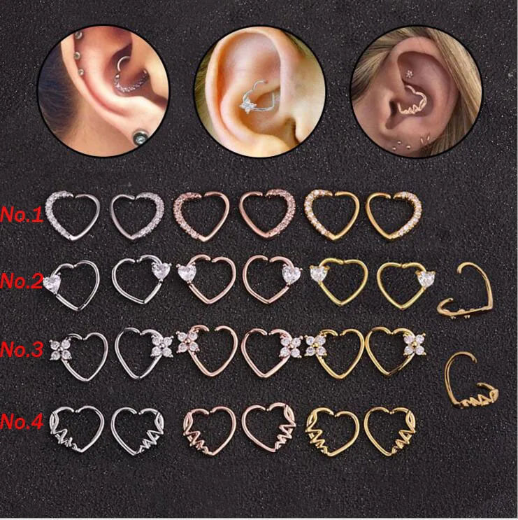 

1PC CZ Hoop Nose Septum Ring Heart Daith Piercing Tragus Cartilage Helix Earring Body Jewelry 2019 New Arrival