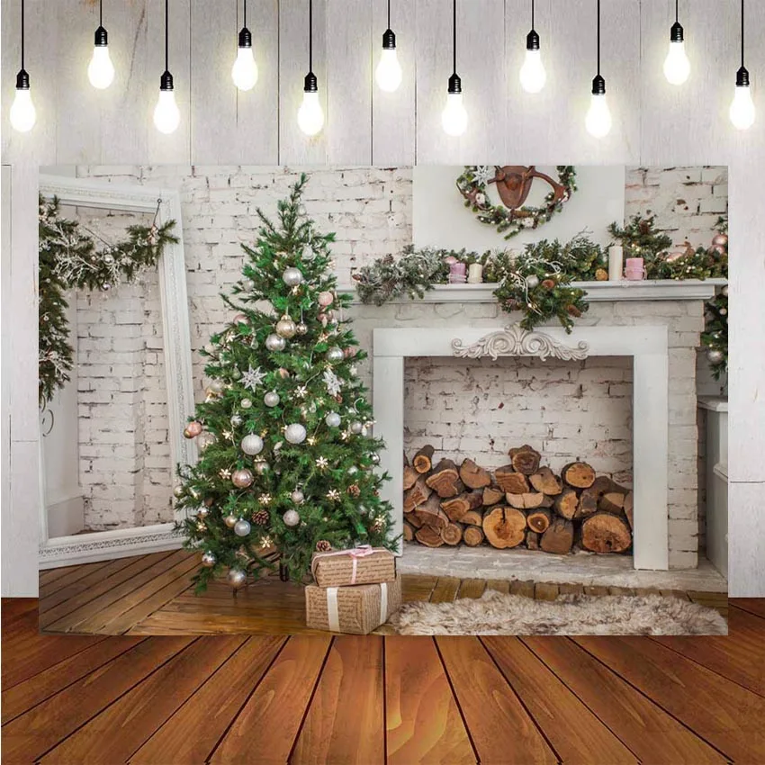 

Photography Background Christmas Backdrop Christmas Tree Fireplace Candle White Brick Wall Children Decor Backdrop Photo Studio