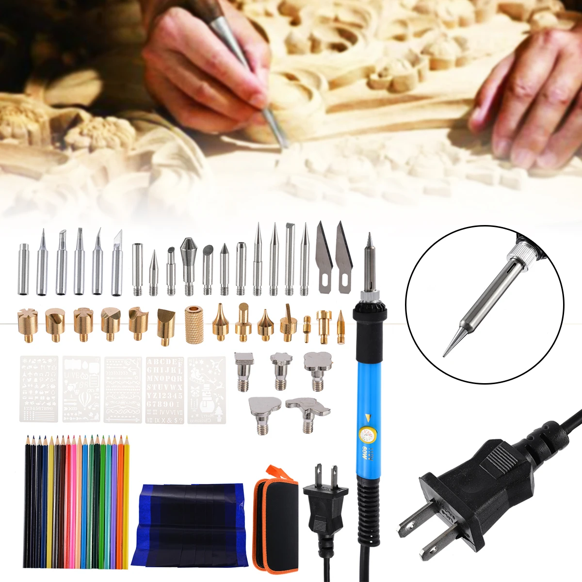 71 Piece 110V 15-60W Wood Burning Pen Set Stencil Electric Soldering Tips Tools Sculpture Pyrography Solder Tips Tool Kits