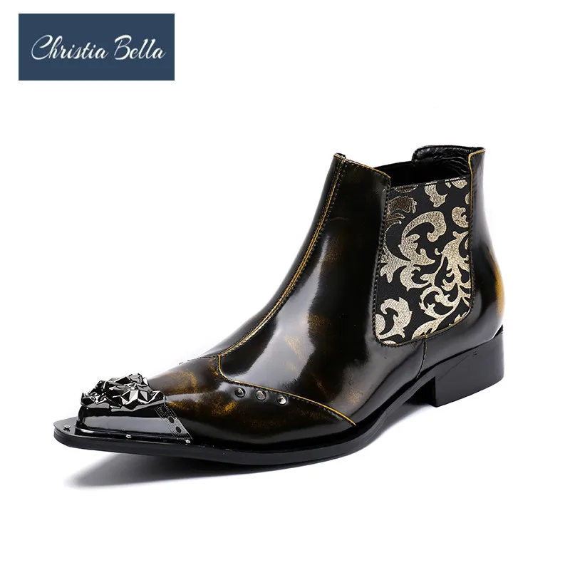 

Christia Bella New Winter Shoes Genuine Leather Men Pointed Toe Metal Tip Dress Boots Fashion Embroidered Mens Booties