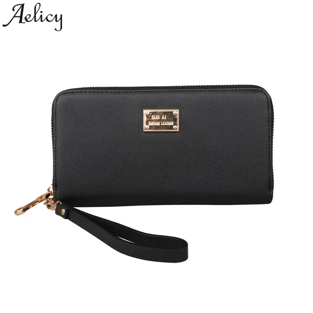 Aelicy Long PU Leather Black Wallet Women Brief Simply Zipper Purse Female High Quality Wallets Portable Hand Bag S30