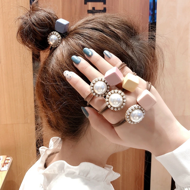 

4 PCS 2019 New Arrived Fashion Design Simple Hair Rope, Imitation Pearl Square Beads Bungee Cord Headbands For Women Girl's Gift