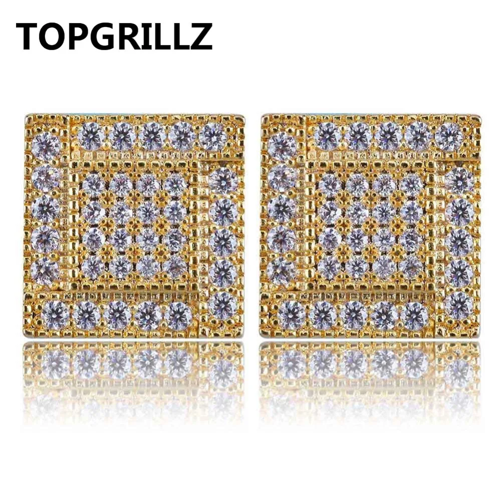 TOPGRILLZ хип хоп медные квадратные серьги с закручивающаяся задняя часть Шарм для женщин мужчин Золотой Цвет кубический циркониевый Ювелирные серьги в подарок