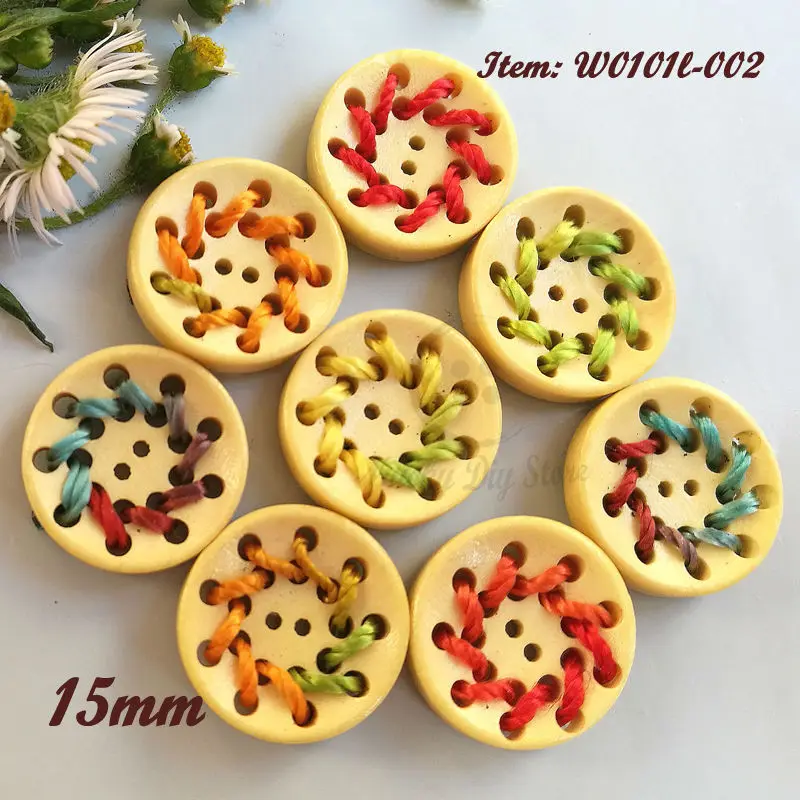 

50pcs 2 holes 15mm natural wood color Spiral Threading wood buttons bowl shape colorful thread used for sewing craft decoration