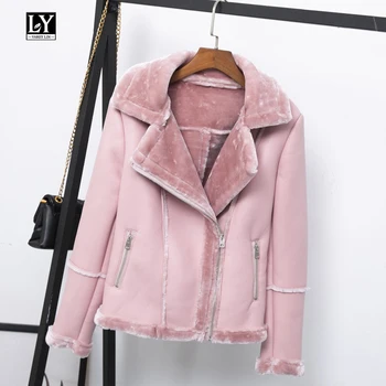 

Ly Varey Lin New Women Winter Faux Lamb Leather Jacket Black Pink Punk Lambs Wool Fur Collar Jacket Female Warm Thick Outerwear