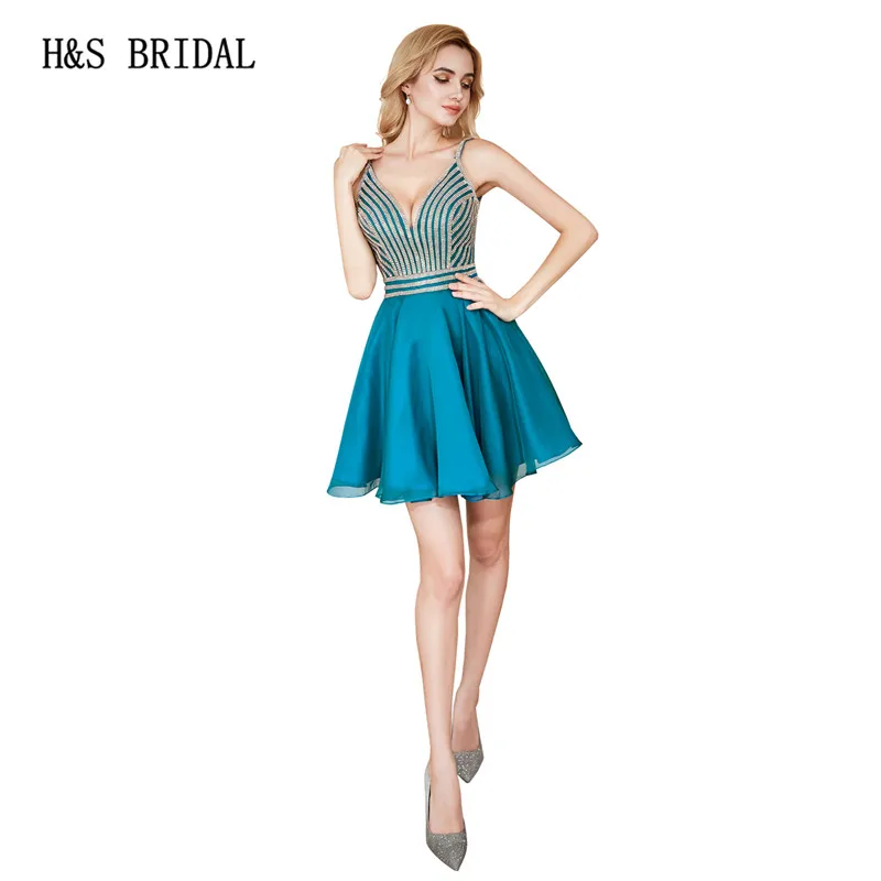 H&S Bridal 2018 Short prom dresses candy colors v neck girls evening