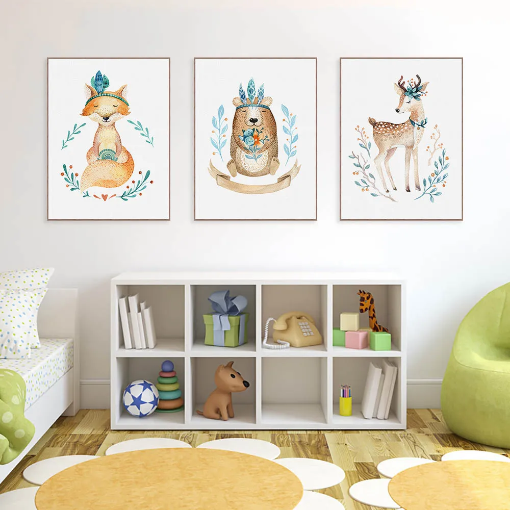

Watercolor Flower Indian Animals Bear Deer Fox Posters Prints Nordic Kids Baby Room Wall Art Pictures Home Decor Canvas Painting