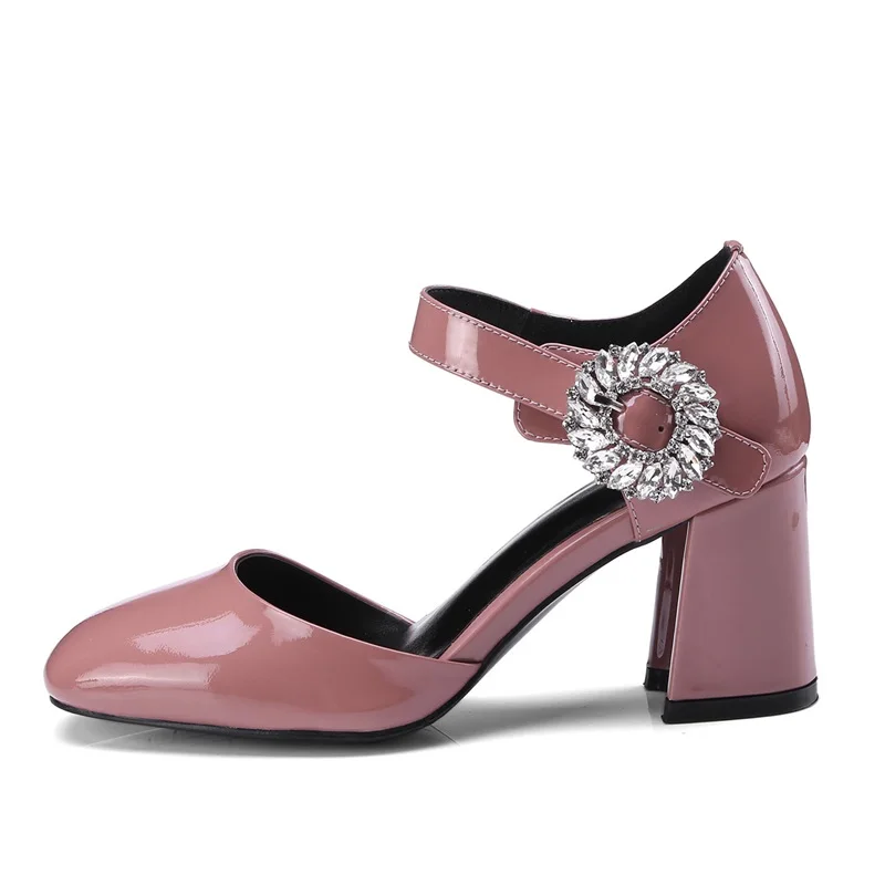 Partie Hauts Black pink Nouvelle Chaussures Cuir Femmes Mode Sabot Patnet Peu 2019 Boucle Haute Bout Printemps Carré En Talons Cristal Profonde Zvq wS46YxqR1