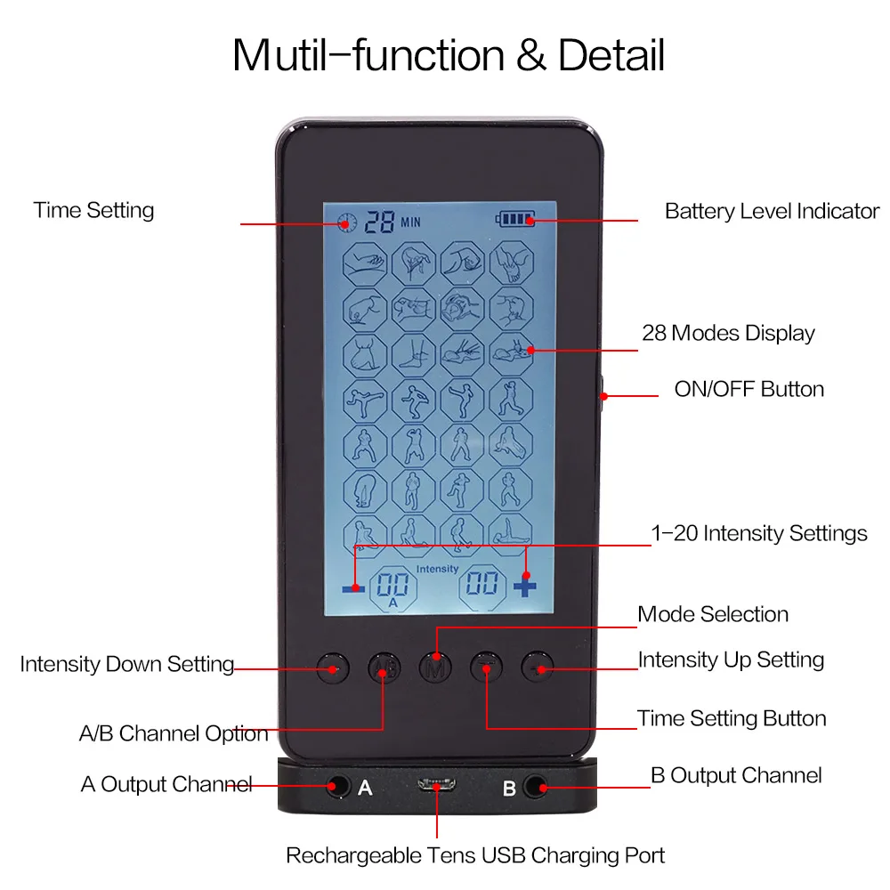 2 канала 28 режимов перезарядки электрический стимулятор тела мышечная терапия массажер электронный импульсный массаж с 6 шт электродов