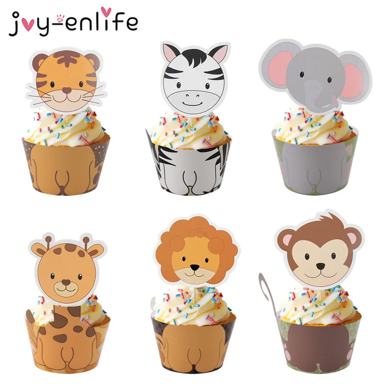 

12pcs Jungle Animal Cupcake Wrapper TopperSafari Zoo Party Birthday Party Decorations Kids Baby Shower Party Supplies
