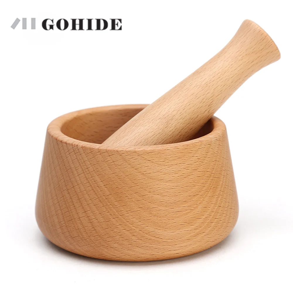 JUH Household Manual Garlic Pounder Wooden Kitchen Tools Masher Garlic Mashed Garlic Stir Tank