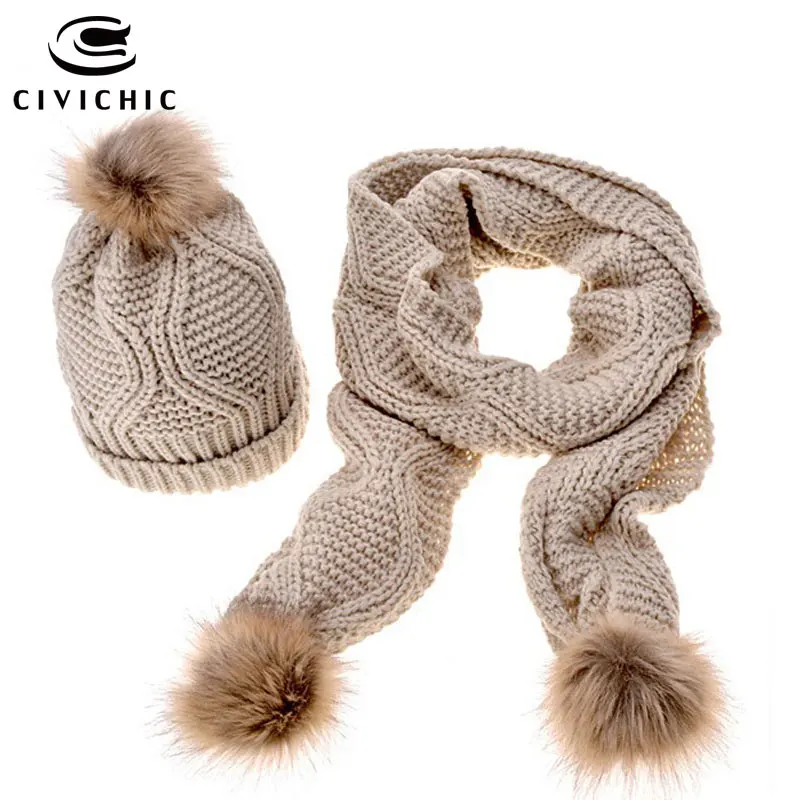CIVICHIC/, высококачественный зимний теплый вязаный шарф, шапка, женский комплект 2 шт., утолщенные шапки из искусственного меха, шапка с помпоном, шапочки, шаль SH135
