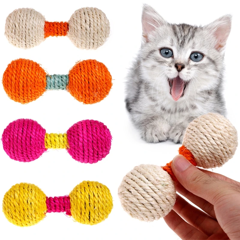 OOTDTY Pet Cat Kitten Sisal Rope Scratch Ball Teaser Dumbbell Chew Catch Training Toy in Cat