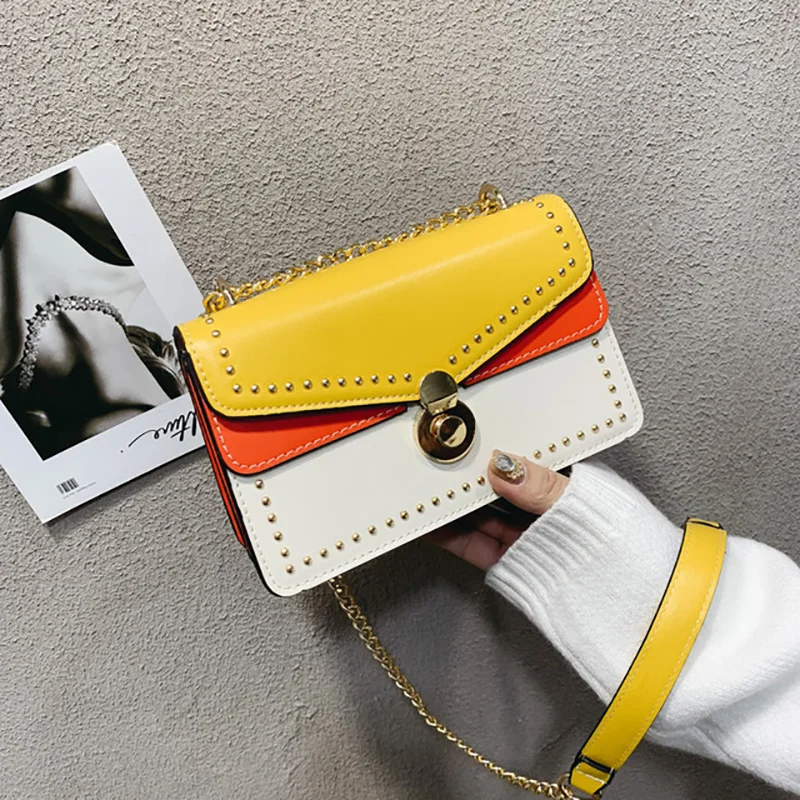 

European style Fashion Chain Handbag Female New PU Leather Women Shoulder bag Hit Color Rivet Messenger Bags 2019 Luxury