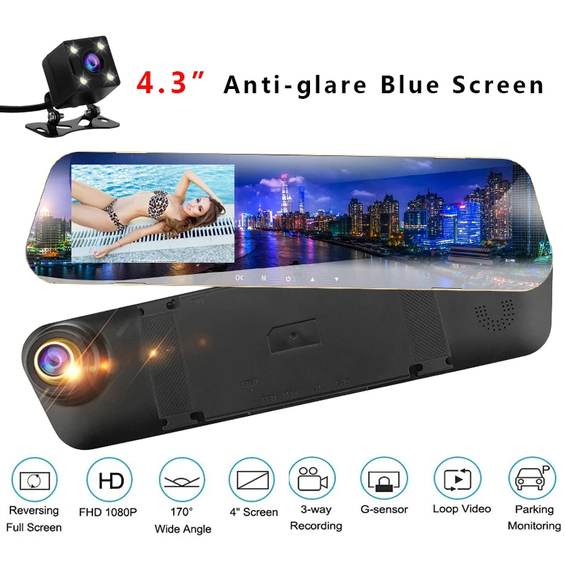 

Car DVR Recorder Dash Cam Driving Auto Camera with Rear View Mirror 4.3 inch Blue Screen Dual Lens Video Camara Coche Automovil