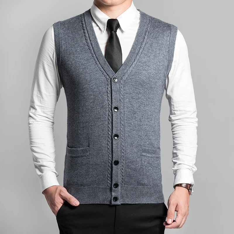 

2018 Men Business Work V-Neck Knitting Vests Male Sleeveless Sweater Jackets Single Breasted Loose Plus Size Wool Gilet W1271