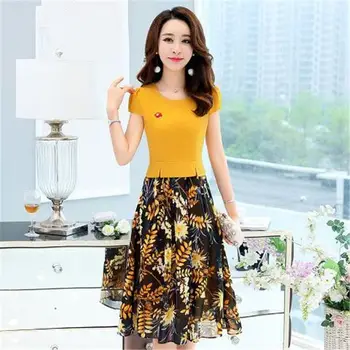 

2019 Summer Women Patchwork Chiffon Dress Female Puff Sleeve Elegant Floral Print Dresses Lady Plus Size Fake 2 Pcs Vestido Z312