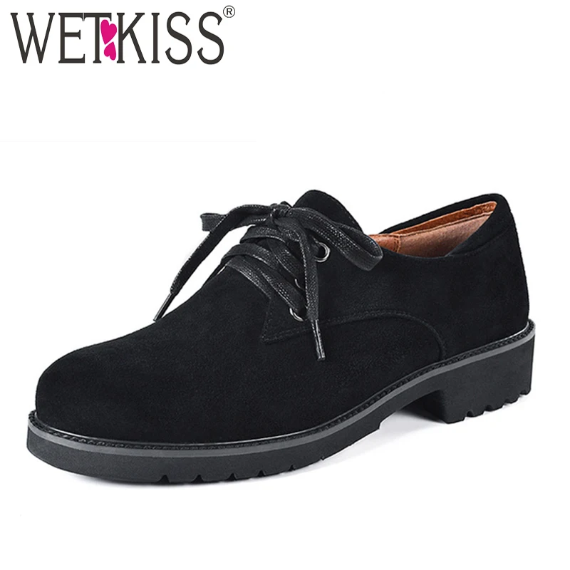 

WETKISS Kid Suede Flats Women Lace Up Round Toe Footwear Fashion Neutral Dress Shoes Female Shoes Woman 2019 Spring New Black