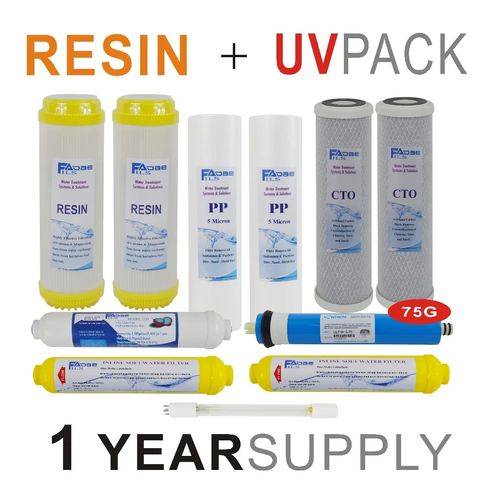

1 Year Supply Ion-Exchange Resin Ultraviolet RO Systems Replacement Filter Sets -11 Filters with UV Bulb and 75 GPD RO Membrane