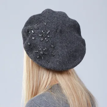 Geebro Women’s Cashmere Beret Hat New Winter Floral Rhinestone Knitted French Artist  Cap Femme Plain Black Wool