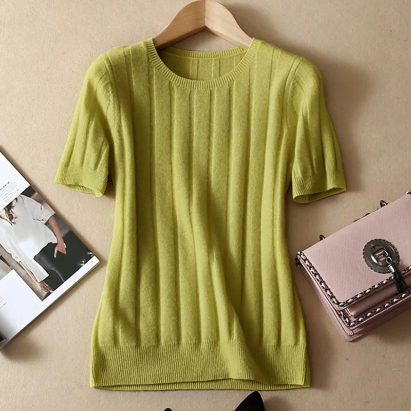 Spring New Type Knitted Short Sleeve Women's Slim Round-collar Korean Half-cut Sleeve Thin Bottom Shirt Spring New Type Knitted Short Sleeve Women's Slim Round-collar Korean Half-cut Sleeve Thin Bottom Shirt