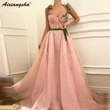 Розовые мусульманские Вечерние платья милое ТРАПЕЦИЕВИДНОЕ платье из тюля с жемчугом и ислам Дубаи, Длинные вечерние платья из Саудовской Аравии