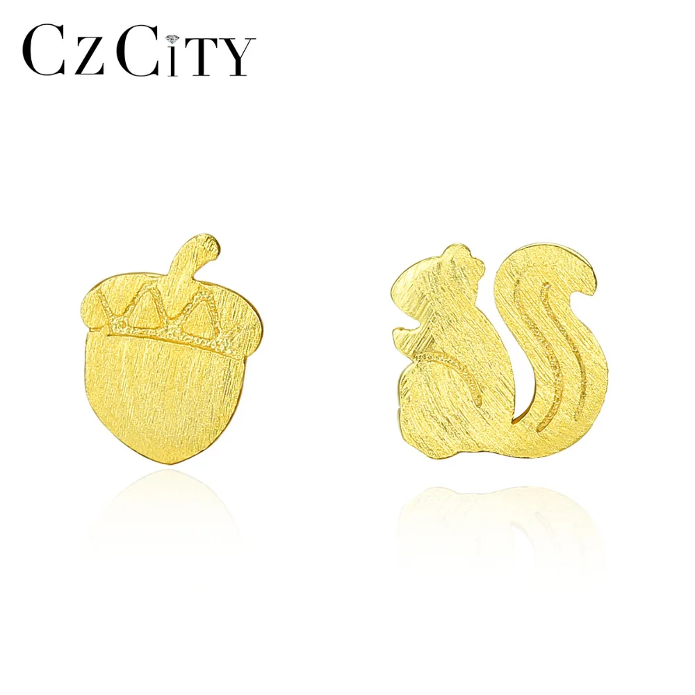 

CZCITY New Brand Sterling Silver 925 Animal Stud Earrings for Women Brushed Vivid Squirrel&Hazelnut Fashion Earring Fine Jewelry