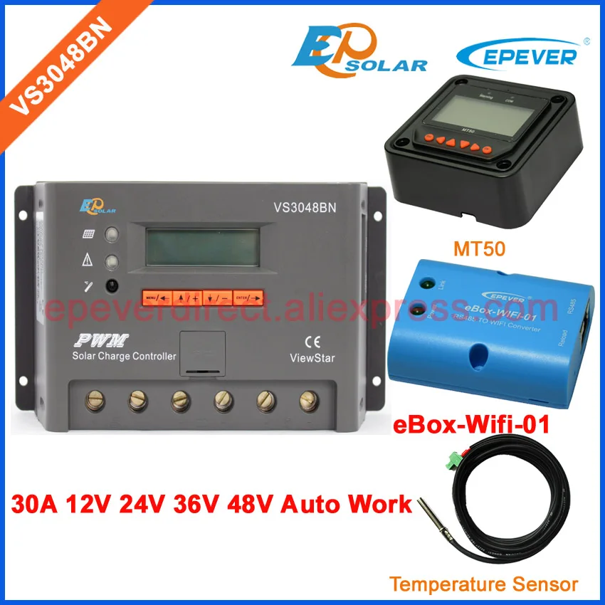 

30A 12v 24v 36v 48v work controller Solar battery charging regulator VS3048BN wifi BOX temperature sensor and MT50 remote meter