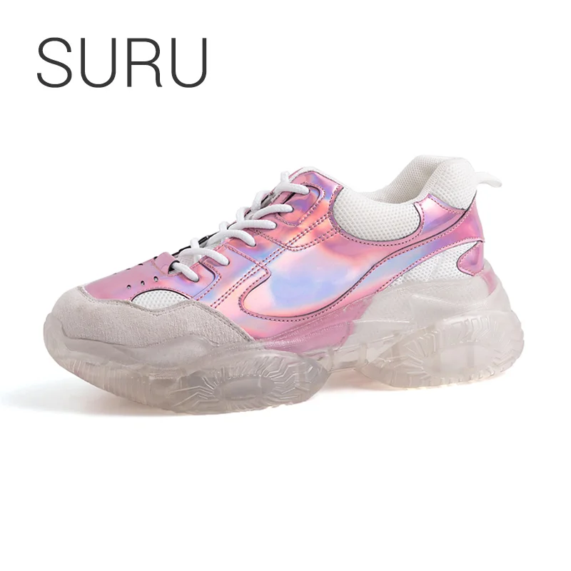 

SURU Ins Hot Laser Pattern Color Sole Sneakers Women Platform Soft Outsole Beathable Summer Casual Shoes