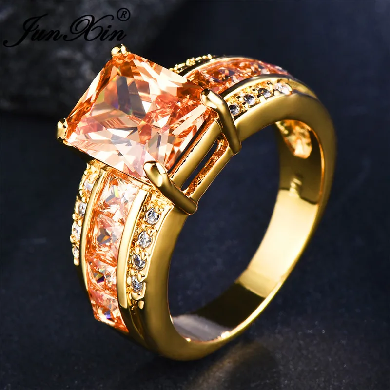 JUNXIN Brand Female Champagne Stone Square Birthstone Rings For WomenZircon Vintage Wedding Bands Yellow Gold Crystal Ring Gifts