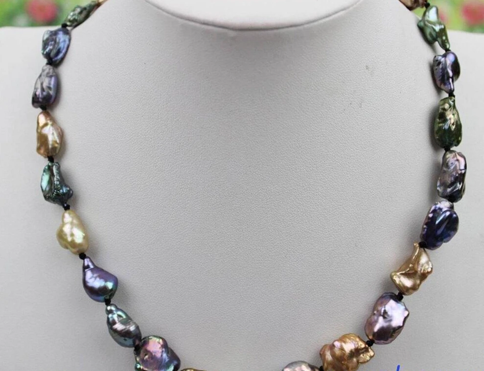 

Jew3108 Multi-color Freshwater keshi reborn pearl necklace 12x14mm 17INCH"Handmade"Alloy