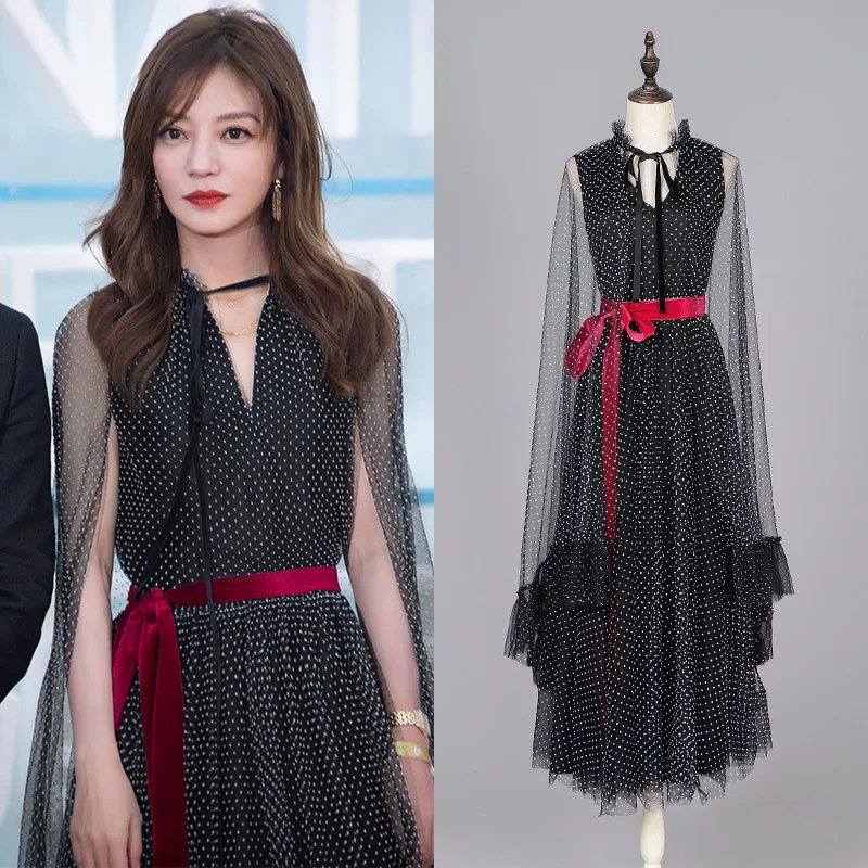 

Zhaoweimingxing with The Same Black Wave Dot Gauze Dress Spring and Summer New Perspective Sexy Waist Dress 2019