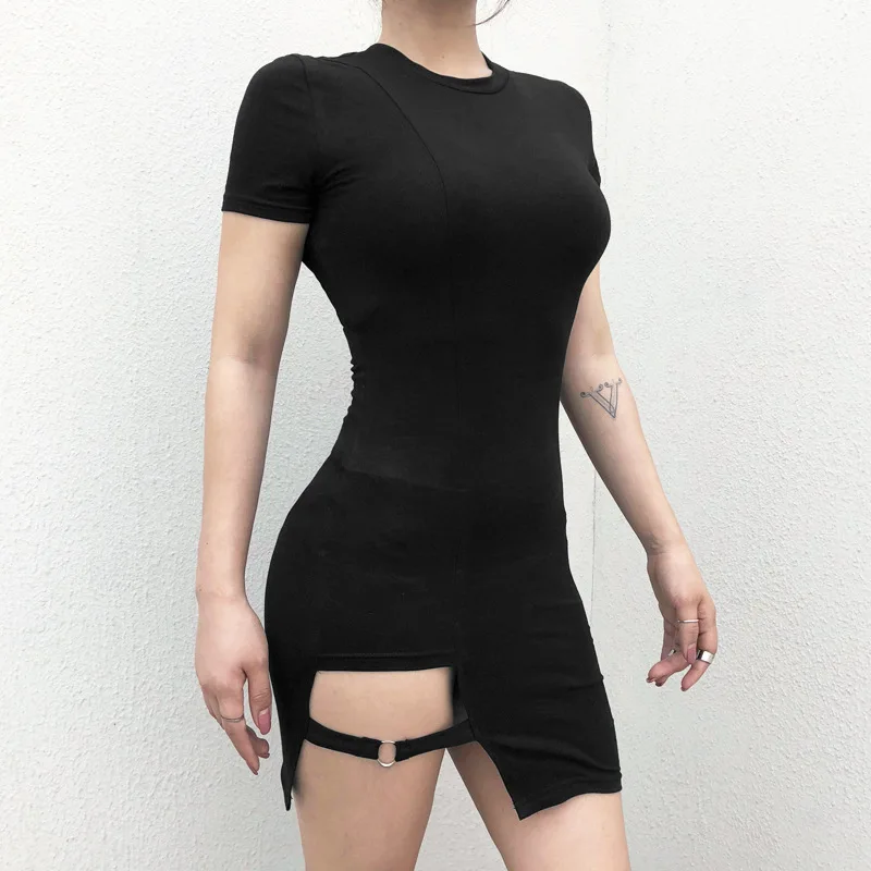 

2018 Summer New Women's Black Skinny Sexy Dress Irregular Short Sleeve Mini Cotton Bind Stretch Club High Waist Fashion Dresses