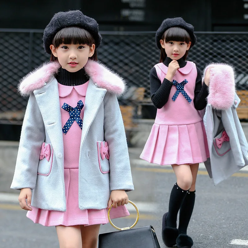 Высококачественная шерстяная одежда для девочек, осенне-зимний комплект, Новая Детская шерстяная куртка с меховым воротником+ платье-жилет комплект из 2 предметов детская одежда, P49