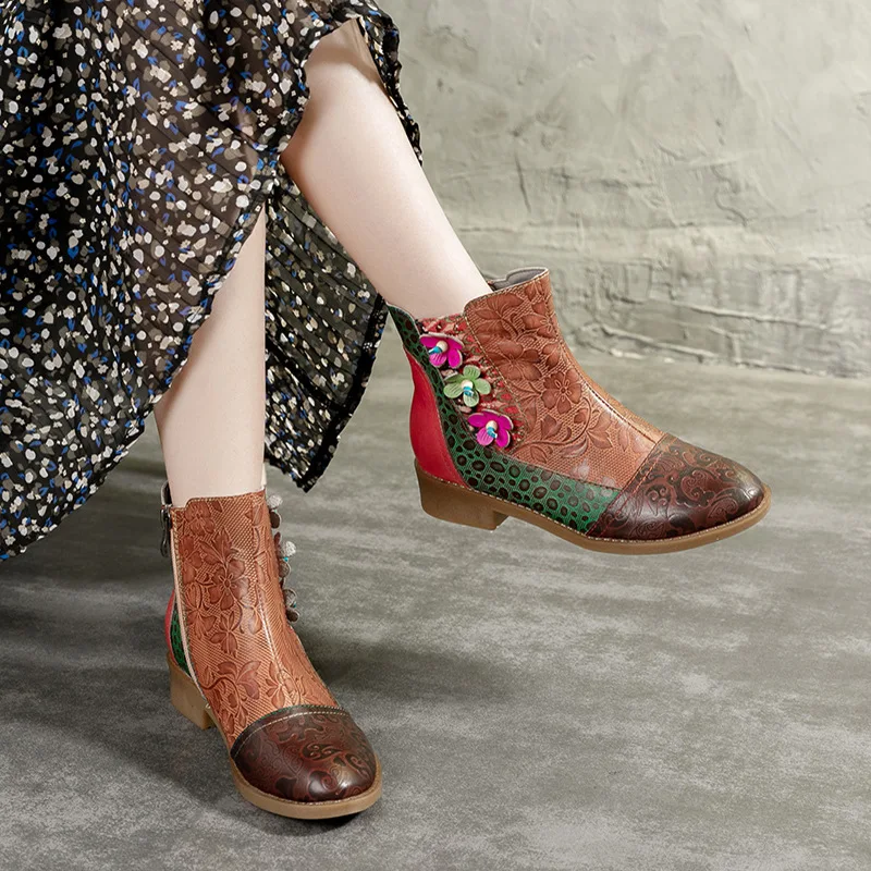

Artdiya genuine leather women shoes Handmade national skid-proof short-barreled women boots thicker velvet embossed winter boots