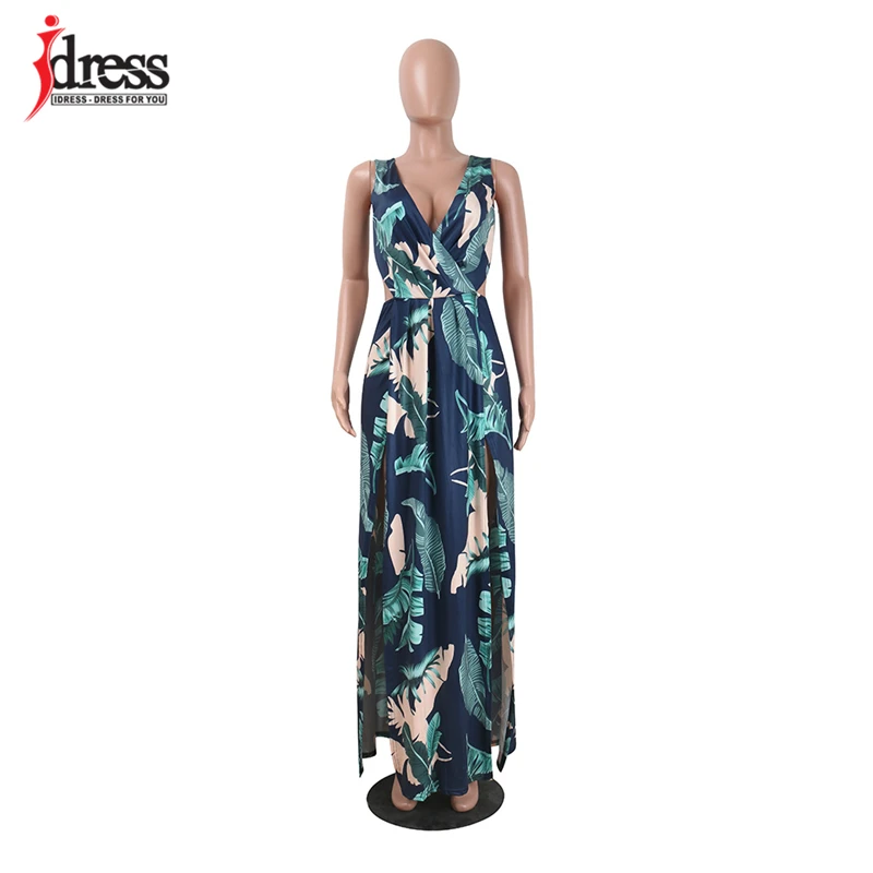 IDress 2017 Sexy Club Print Maxi Dress Sleeveless Deep V Neck Backless Sides Split Long Dress Women Summer Evening Party Dresses (9)