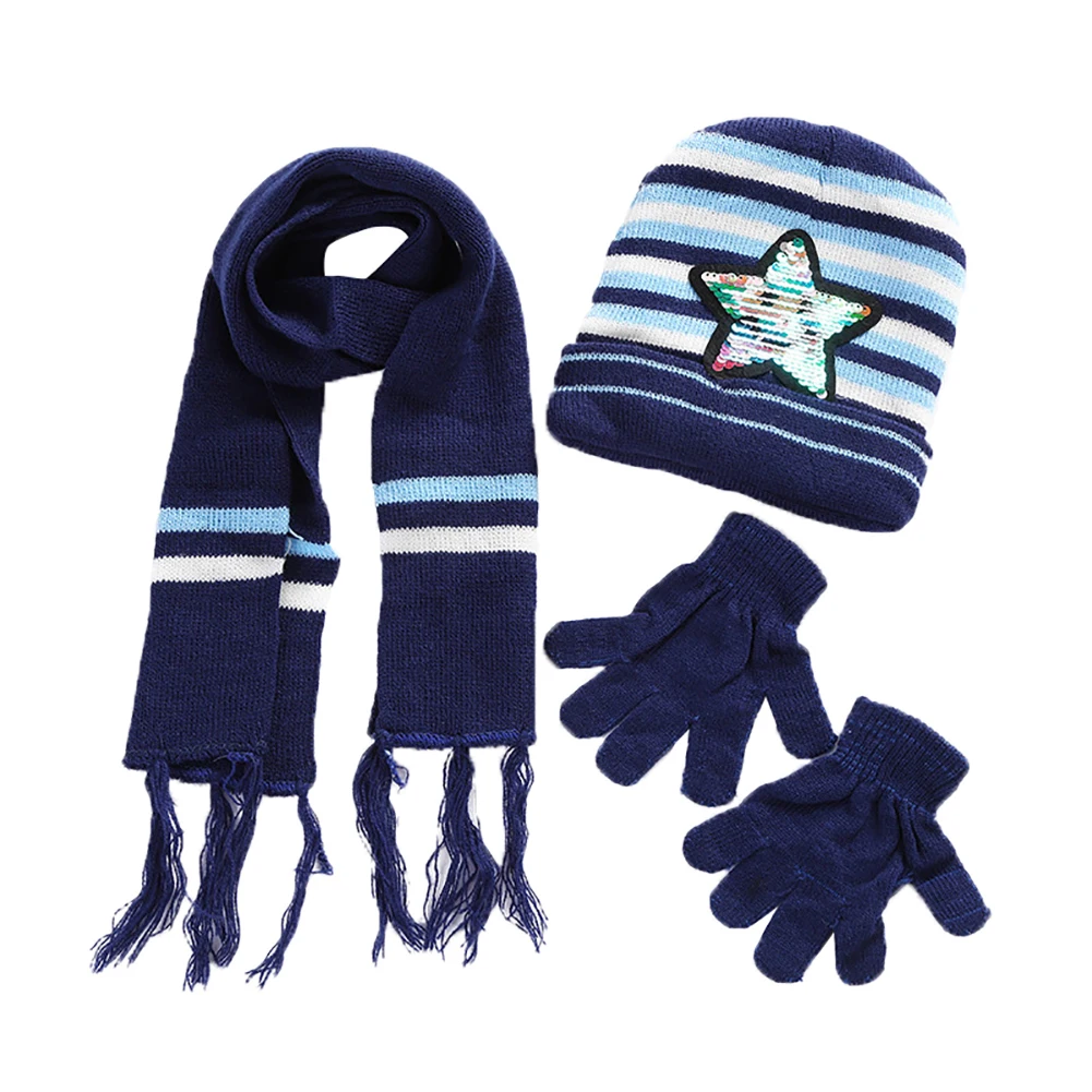 Для маленьких мальчиков и девочек; унисекс; теплая осенне-зимняя Круглая Шапка со звездами; шапка; шарф; перчатки; комплект - Цвет: Темно-синий
