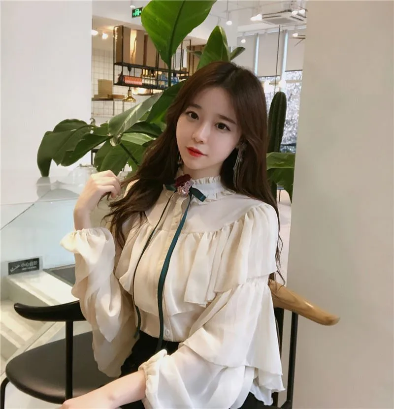 Для женщин топы корректирующие Весна 2019 корейский стиль модная одежда оборками офисные рубашка шифон Повседневная Блузка