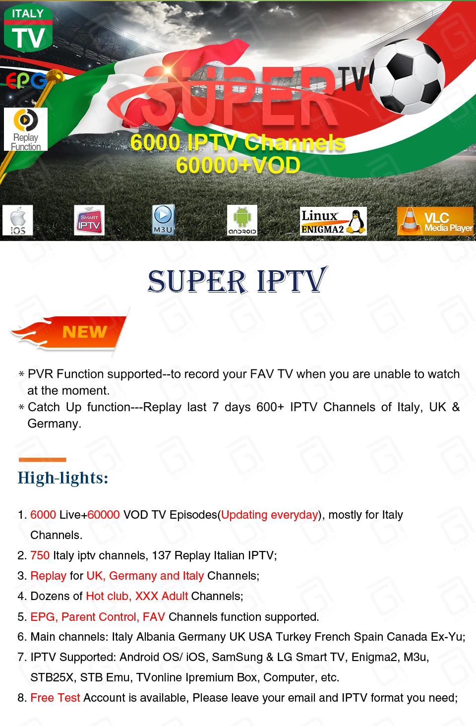 GOTIT S905 Android tv Box с 1 год супер iptv Италия Великобритания Германия для взрослых IP tv подписка 6000Live+ VOD бесплатно Smart 4K телеприставка