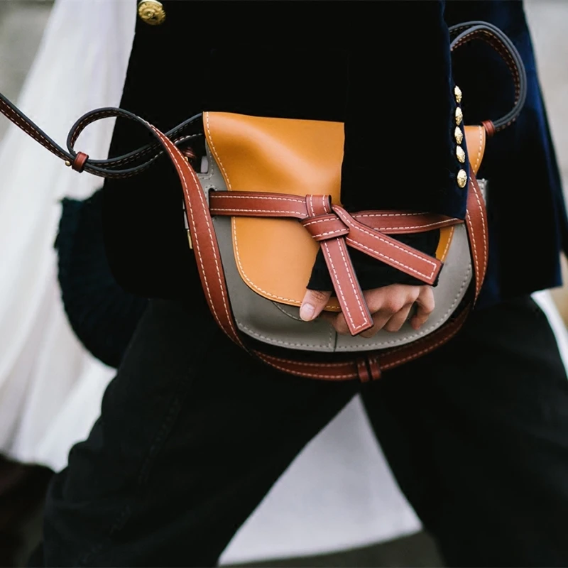 

Genuine Leather Bow Saddle Bags Women Designer Bags Small Girls Shoulder Bags Patchwork Lady Stylish Handbags Wristlets Purses