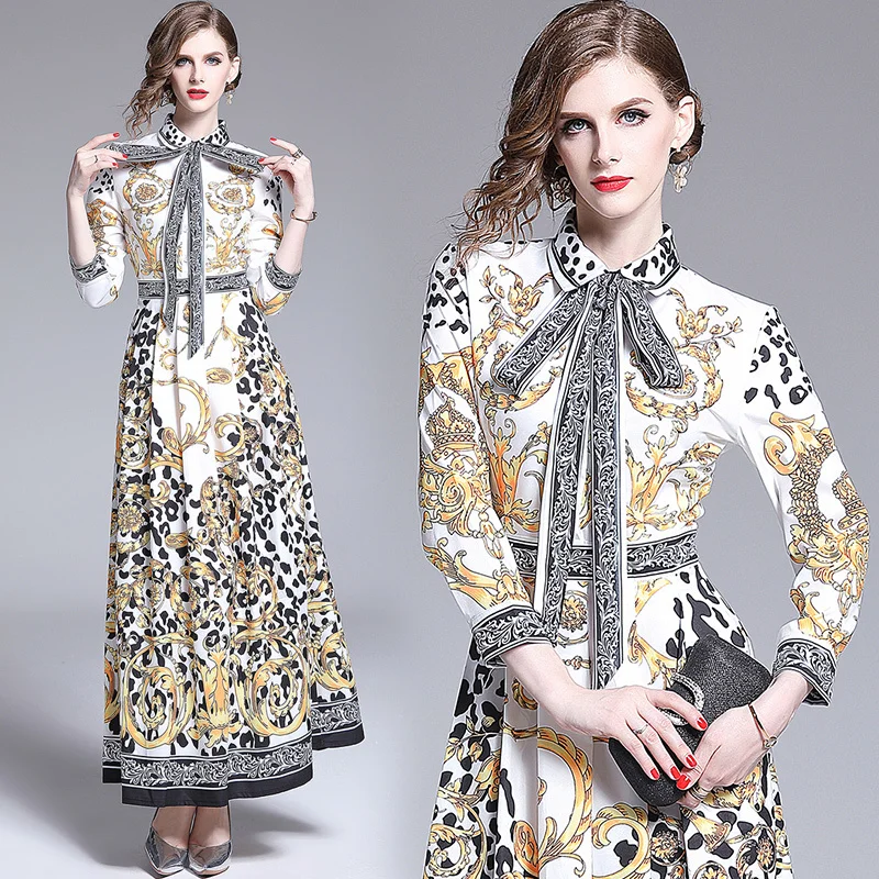 

New 2019 Spring Summer Fall Runway Baroque Leopard Print Collar Tie Neck Long Sleeve Empire Waist Women Casual A-Line Maxi Dress